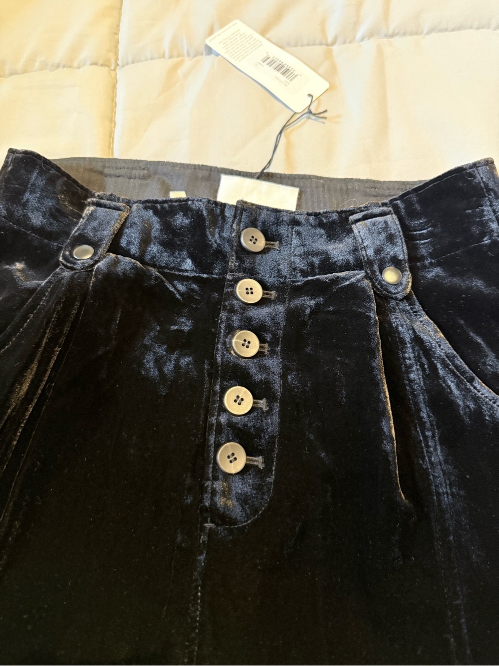 High-Waist Black Velvet Button-Front Trousers - Picture 4 of 7